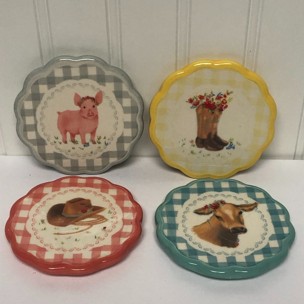 Set of 4 Pioneer Woman Novelty Gingham Coasters 3.97 Inches Diameter*New*